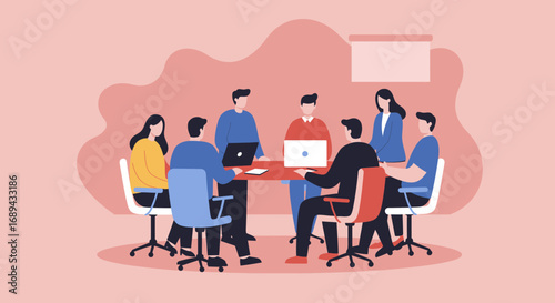 Team collaboration in a modern office meeting, showcasing professionals working together with laptops. Ideal for business, teamwork, and corporate communication concepts.