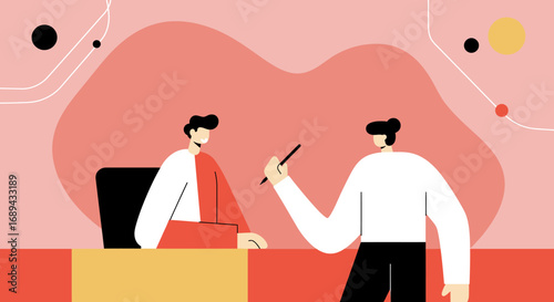 Two stylized people engaged in a business discussion or interview. One seated at a desk, the other holding a pen, conveying collaboration and professional interaction.