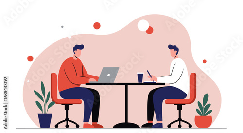 Two men collaborating at a modern office or cafe. Ideal for business, teamwork, remote work, freelance, or meeting concepts.