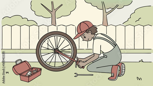 Boy Repairing Bicycle Outdoors in Casual Outfit – Vector Illustration of Youth Practical Lifestyle ,self dependence  and Activity