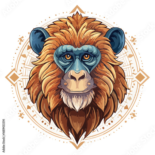 Detailed monkey portrait with mandala backdrop artful animal illustration