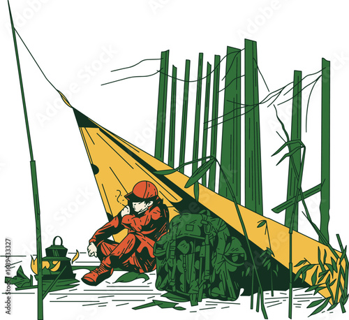 Bushcraft Enthusiast Camping with Bivouac Vector Illustration