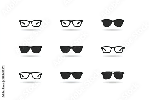 Diverse collection of eyeglasses and sunglasses showcasing varied styles and designs for vision correction and protection against sunlight