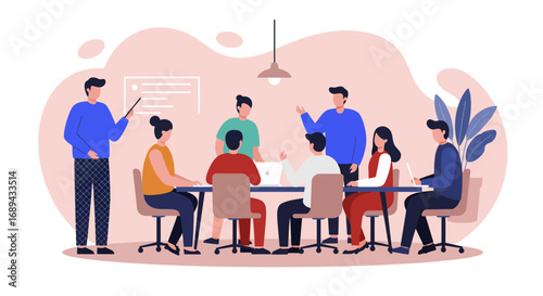 Diverse business team collaborating in a modern office meeting, discussing strategies and ideas. Ideal for corporate training, teamwork, and professional development concepts.