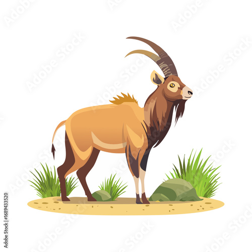 Cartoon sable antelope stands in savanna grass Illustration of brown horned animal in Africa wildlife themes