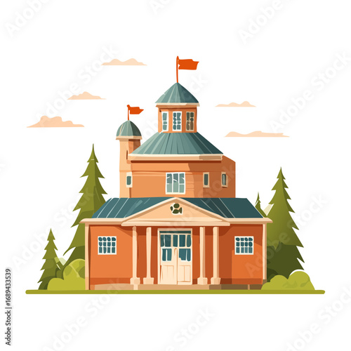 Whimsical building surrounded by evergreen trees with a black backdrop vector illustration isolated