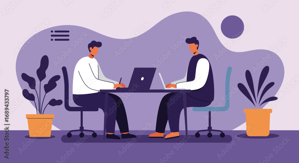 Fototapeta premium Modern office scene with two people working diligently on laptops, showcasing collaboration, productivity, and contemporary business. Great for teamwork or remote work themes.