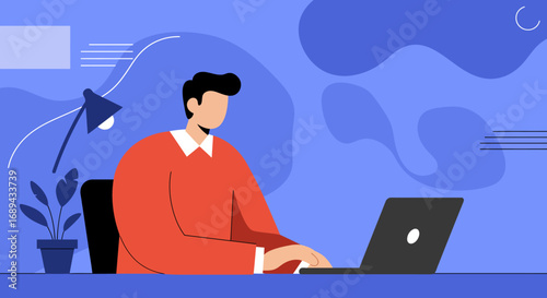 Professional man working remotely on a laptop at his desk, symbolizing productivity, digital business, and online learning concepts.