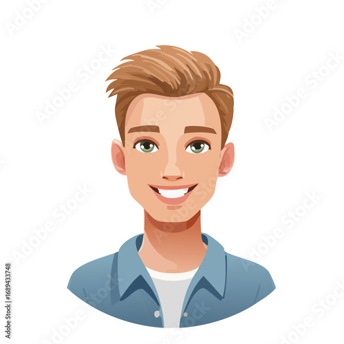 Smiling young man cartoon portrait  illustration of a happy cheerful handsome male character with blond hair and blue shirt against black background