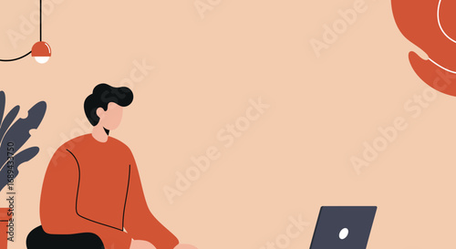 Minimalist illustration of a man working on a laptop at home, representing remote work, online education, or modern digital lifestyle.