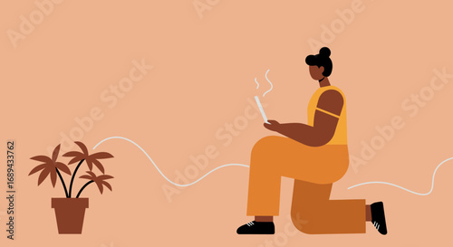 Calm person kneeling with an incense stick and potted plant in a peaceful, minimalist setting. Perfect for themes of relaxation, wellness, or mindful living.