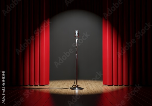 Stand-up comedy stage, Retro microphone on a spotlighted stage with red velvet curtains.