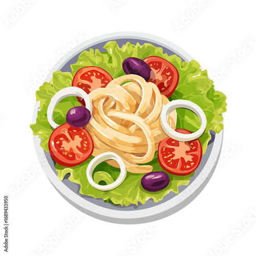 Top view of tagliatelle salad with vegetables on a white plate. Vector illustration of pasta with lettuce, tomatoes, onions, and olives.