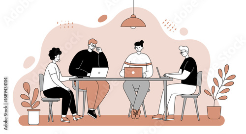 Diverse team of professionals collaborating and working together on laptops in a modern office or co-working environment, fostering productivity and innovation.