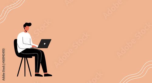 Young man using laptop for work or study. Modern flat vector illustration for business, education, and digital lifestyle concepts.