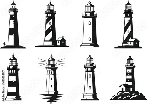 Lighthouse vector silhouette set, coastal tower clipart design, vintage maritime beacon illustrations, ocean navigation landmark icons, seashore light tower art