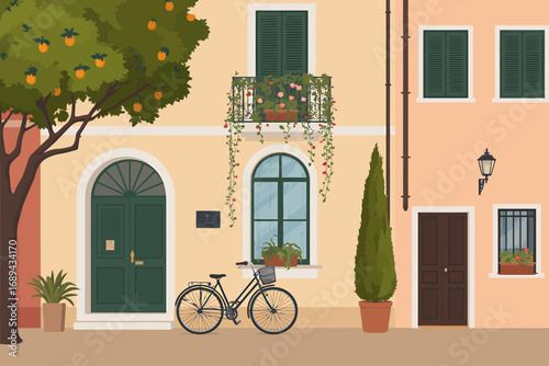 Stylized mediterranean landscape illustration with coastal elements