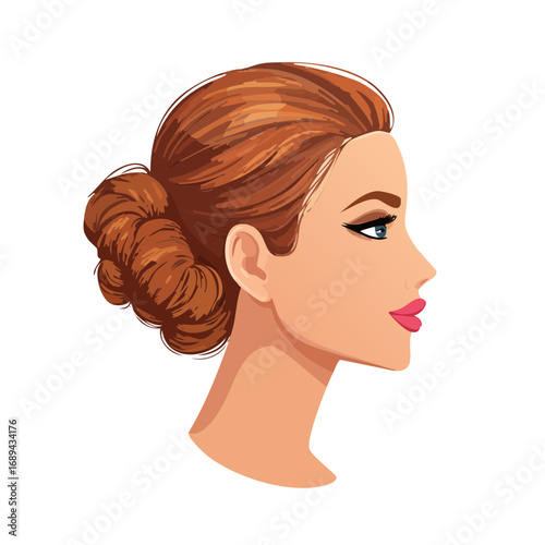 Elegant Woman Profile with Red Hair Bun Beautiful Female Portrait Beauty Style Fashion Hairstyle Graphic Illustration