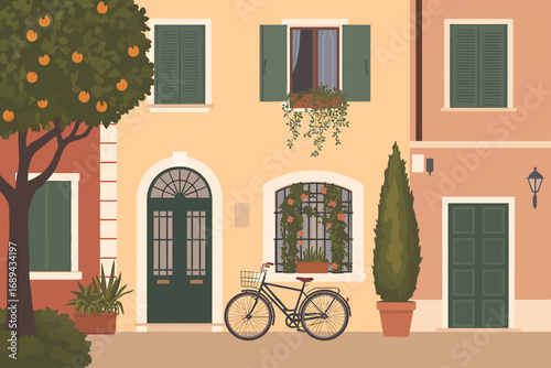Stylized mediterranean landscape illustration with coastal elements