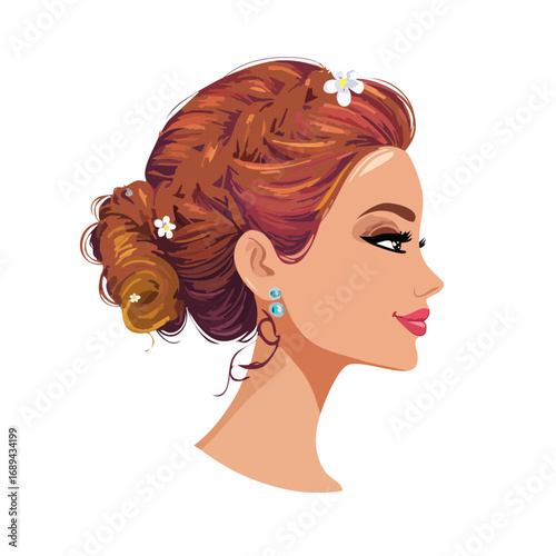 Profile illustration of woman with updo hairstyle adorned with flowers and turquoise earrings on a black background