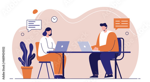 Two colleagues collaborate on laptops in a modern office, symbolizing teamwork, communication, and productivity in a business or educational setting.