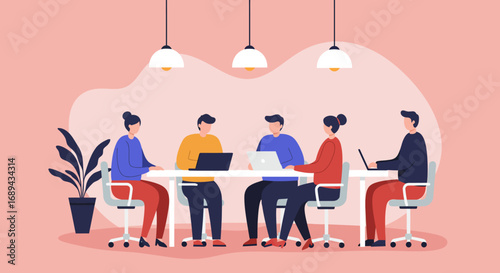 Diverse team collaborating in a modern office, using laptops for productive work and meetings. Represents teamwork, innovation, and digital business lifestyle.