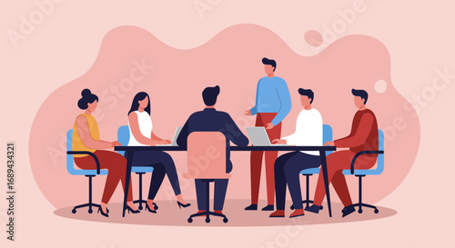 Professional business team meeting and collaborating around a table in an office setting. Illustrates teamwork, discussion, and strategic planning for corporate success.