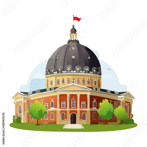 State Capitol Building Illustration with Dome Red Flag and Green Lawn for Government Architecture or Education