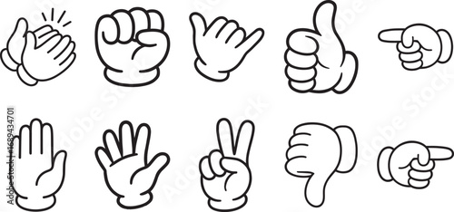 Cartoon Hand Gesture Vector Icons Set Thumbs Up, Peace, Fist, Pointing and Clapping