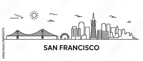 San Francisco Line Art skyline horizontal banner. Black San Francisco, California. Vector template for your design. with white background