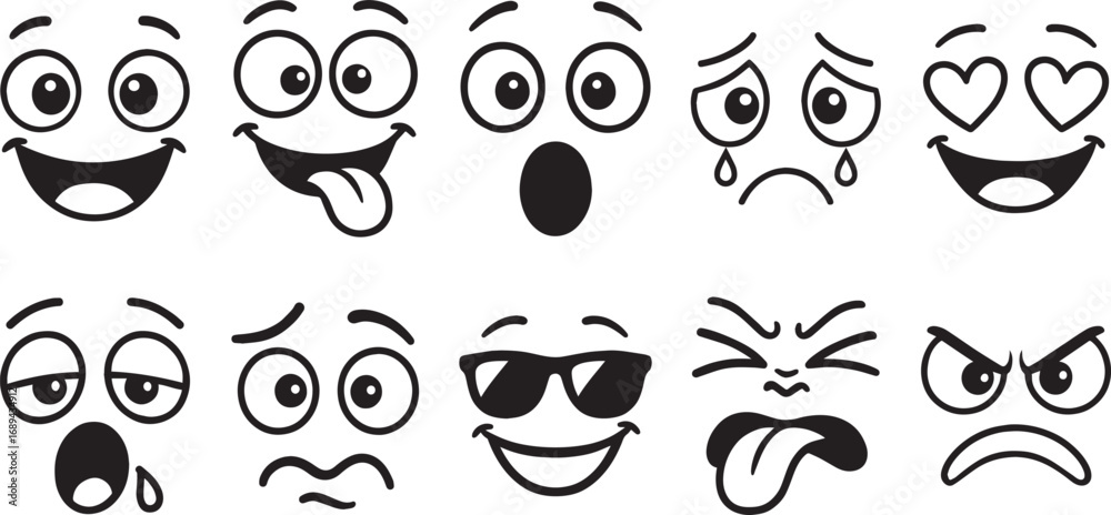 Fototapeta premium Cartoon Emoji Faces Vector Icons Funny, Sad, Angry, Love, Cool and Expression Set