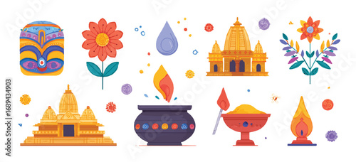 Diwali celebration with temples flowers candles and water drops illustration a decorative cultural arrangement