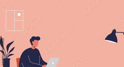 Young man working remotely on his laptop in a minimalist home office setup, ideal for business, technology, and lifestyle concepts with ample copy space.