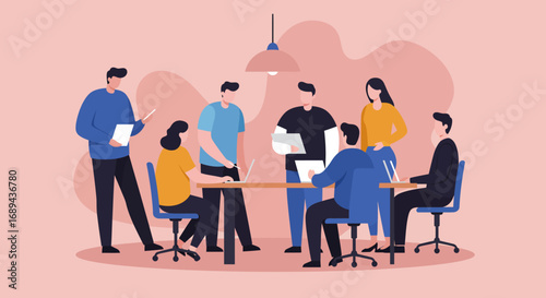 Diverse team of professionals collaborating in a modern office meeting, discussing ideas and working on laptops. Ideal for business, teamwork, and project development concepts.