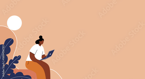 Stylish illustration of a person working remotely on a laptop outdoors, embodying modern work-life balance and digital connectivity.