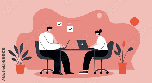Two professionals work diligently on laptops at a modern office desk, embodying productivity, remote collaboration, and digital teamwork. Ideal for business and online work concepts.