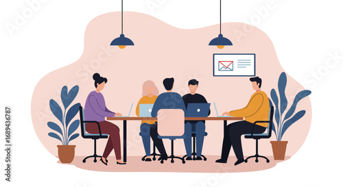 Diverse business team collaborating in a modern office meeting, using laptops for productivity and communication. Represents teamwork and innovation.