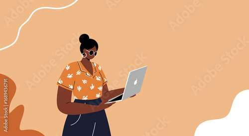 Focused young woman working remotely on her laptop. Ideal for themes of online business, digital learning, productivity, and modern lifestyle. Vector illustration.