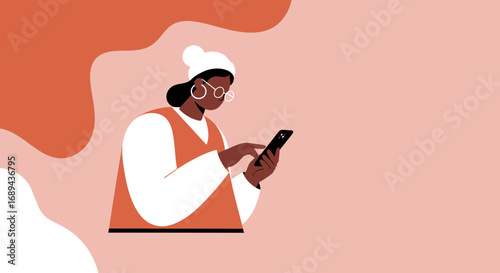 Modern woman engaging with her smartphone, browsing content or connecting digitally. Ideal for technology, communication, and lifestyle themes.