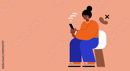 Woman focused on smartphone, Wi-Fi connected, ignoring offline distractions. Modern digital communication, online engagement, lifestyle, and virtual vs. real-world balance.