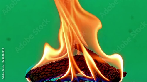Fiery orange flames dance and swirl above burning logs on a vibrant green background.