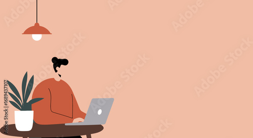Minimalist illustration of a person working on a laptop in a cozy home office. Represents remote work, productivity, and modern lifestyle.
