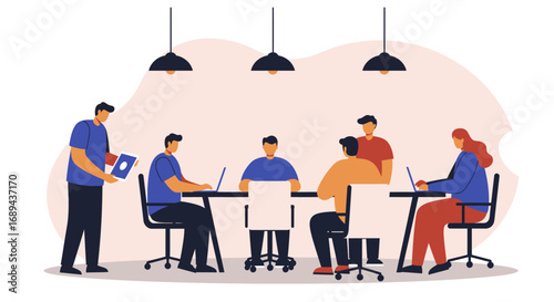 Diverse team collaborating in a modern office meeting, discussing ideas and working together on laptops and tablets. Ideal for business, teamwork, and innovation concepts.