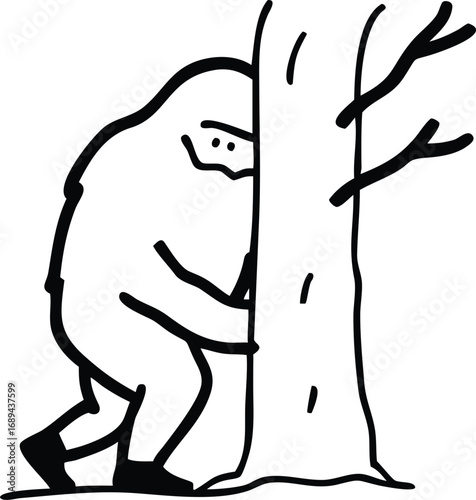 Cartoon bigfoot peeking from behind a tree silhouette