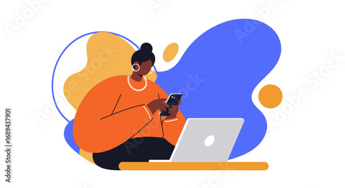 African American woman focused on her smartphone while also having a laptop, representing remote work, online communication, or digital learning. Modern business and technology concept.