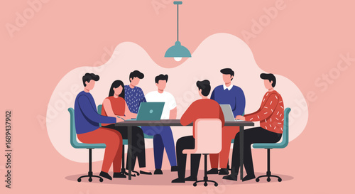 Diverse team collaborating around a table with laptops, discussing ideas in a modern office. Ideal for business, teamwork, and innovation concepts.