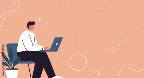 Man working remotely on laptop in a modern, minimalist home office setting. Ideal for concepts of productivity, digital nomad lifestyle, and online business.