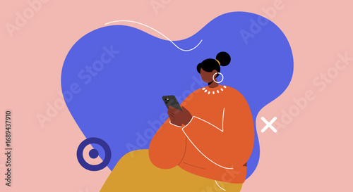 Modern illustration of a woman using a smartphone, showcasing digital connectivity, online communication, and contemporary lifestyle for various applications.