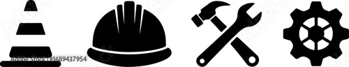 Construction Tools and Safety Gear Silhouettes – Hard Hat, Hammer, Wrench, Cone, and Gear