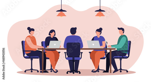 Diverse business team collaborating in an office meeting, working on laptops. Ideal for business, technology, and corporate themes.
